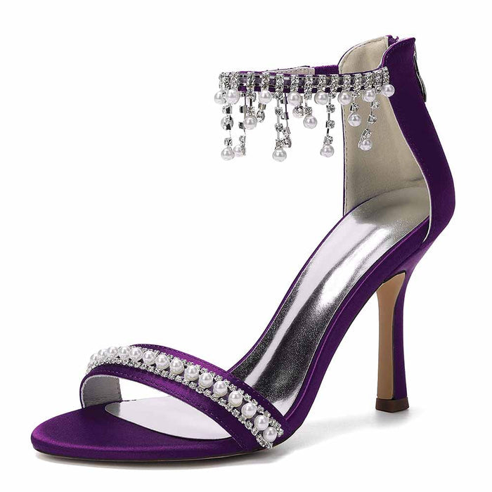 Bridal Sandals with Pearls & Rhinestones, Ankle Strap High Heels for Wedding Party Evening Dress