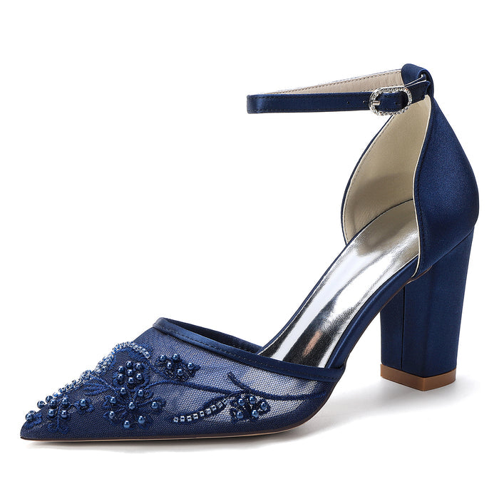 Bridal Shoes with Pearl Accents - Chunk Heel and Ankle Strap
