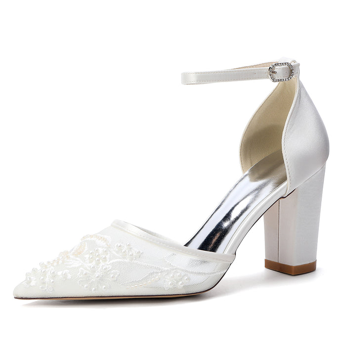 Bridal Shoes with Pearl Accents - Chunk Heel and Ankle Strap