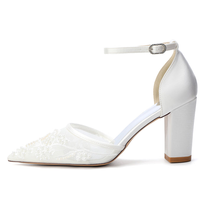 Bridal Shoes with Pearl Accents - Chunk Heel and Ankle Strap