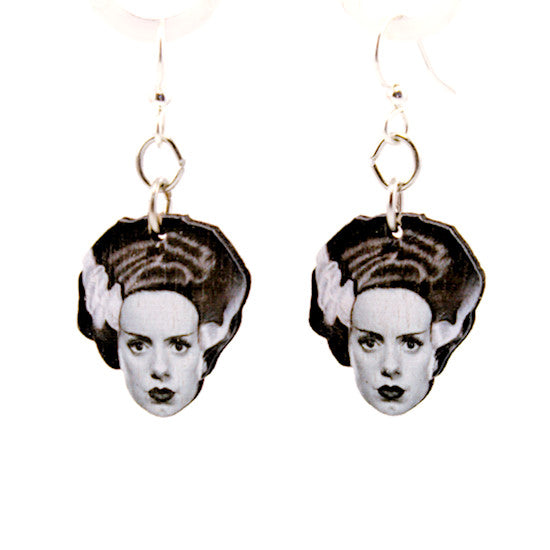 Bride of Frankenstein wood earrings — the Bride with her white streak, laser-cut wood, made in USA