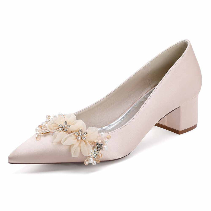 Elegant sd-hk bride shoes with flower appliques in soft satin and block heel design