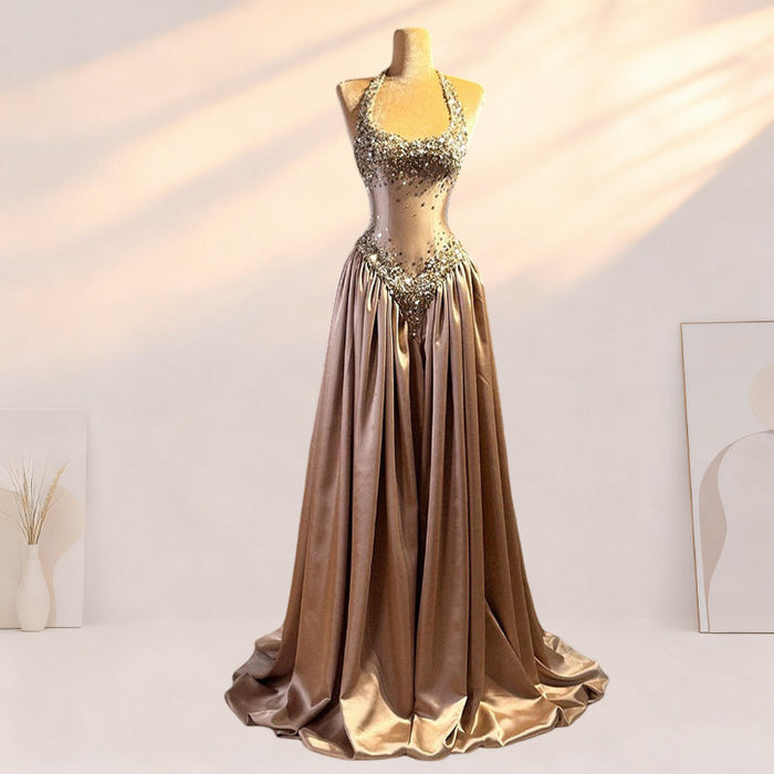 Bronze Halter Evening Gown | Gold Beaded Formal Dress | Vintage Inspired Party Gown