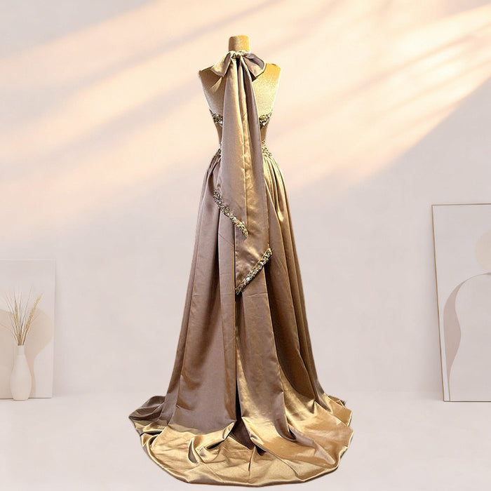 Bronze Halter Evening Gown | Gold Beaded Formal Dress | Vintage Inspired Party Gown