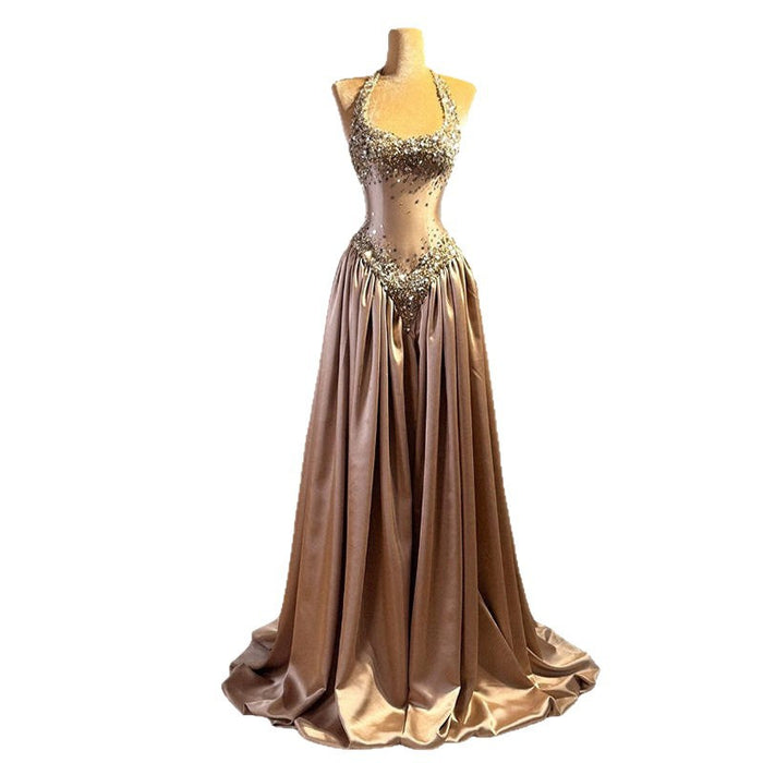 Bronze Halter Evening Gown | Gold Beaded Formal Dress | Vintage Inspired Party Gown