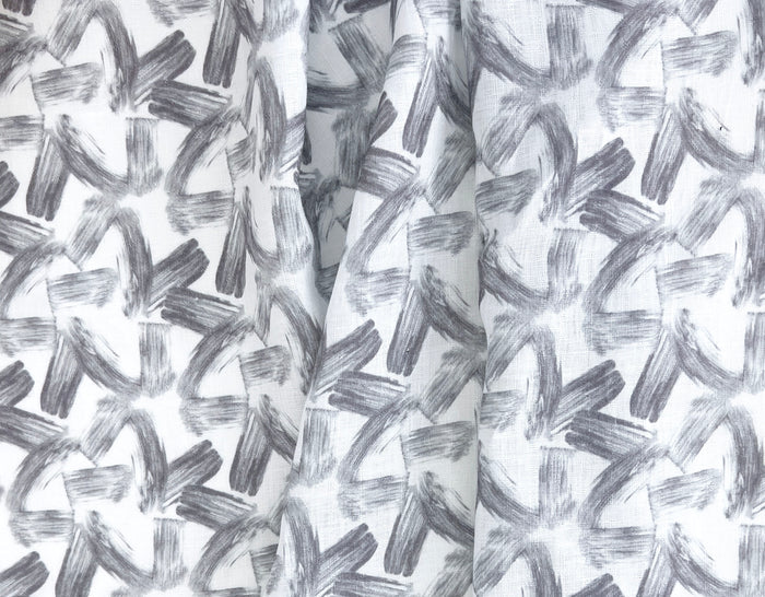 Brushstroke Print 100% Linen Fabric – Grey on White, Dobby Texture, Light Weight 7641