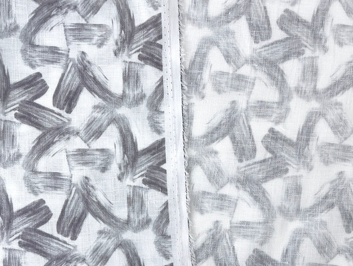 Brushstroke Print 100% Linen Fabric – Grey on White, Dobby Texture, Light Weight 7641