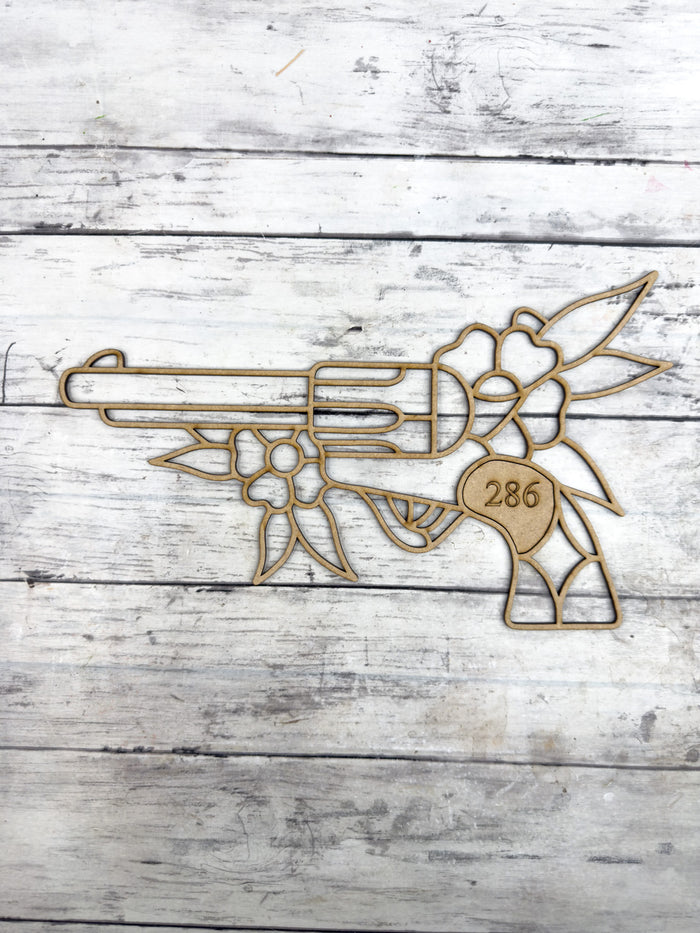 BULK Style 286 Pistol and Flowers Laser Cut Outline Frame Blank