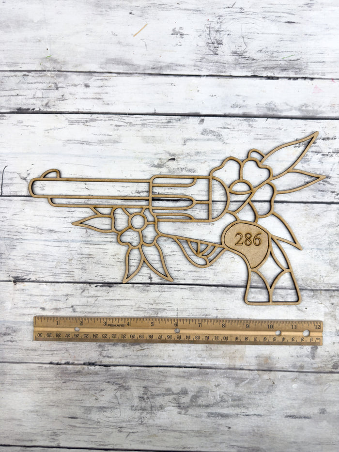 BULK Style 286 Pistol and Flowers Laser Cut Outline Frame Blank