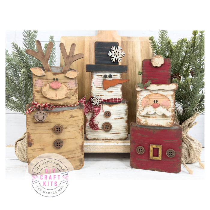 Finished Santa, snowman and reindeer Tin Can Christmas Friends DIY kit bundle