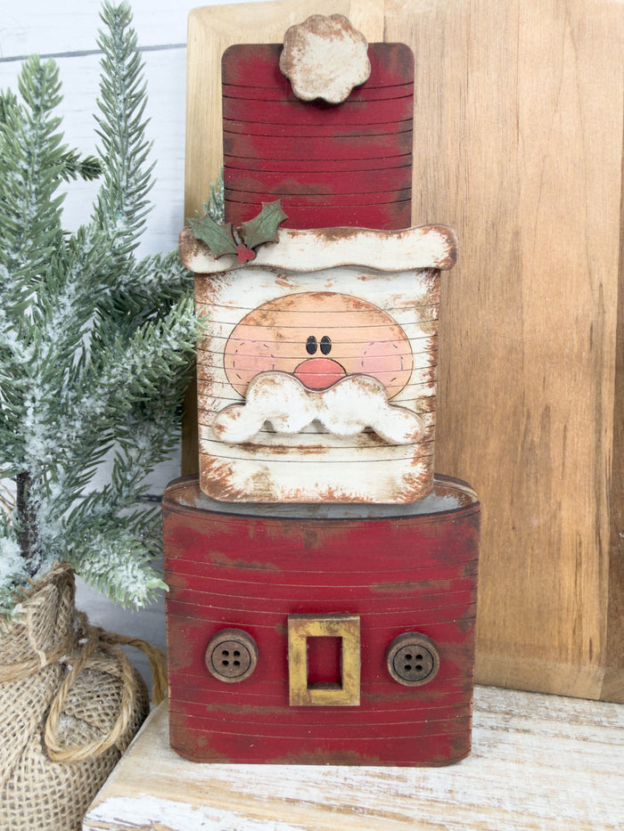 Finished Santa Tin Can Christmas DIY wood craft kit with layered beard, hat and holiday details