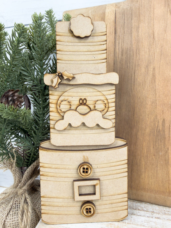 Finished snowman Tin Can Christmas DIY wood craft kit with hat, buttons and layered holiday details