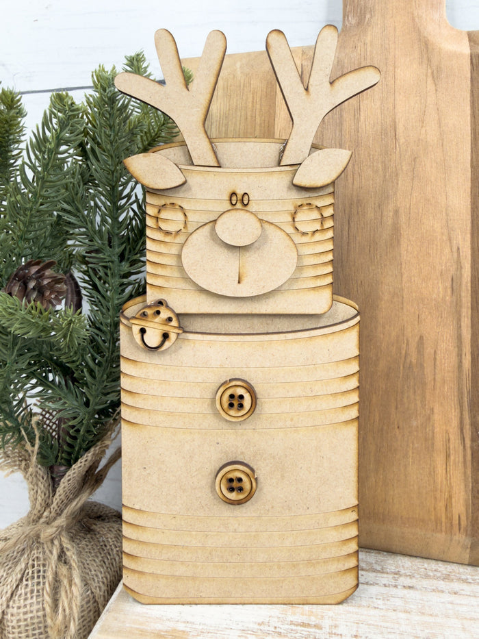 Unfinished assembled Tin Can Reindeer DIY wood craft kit ready to paint and decorate