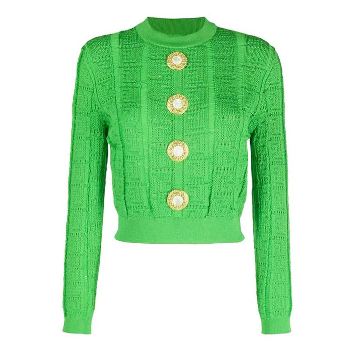Button Detail Long Sleeves Knitted Crop Top