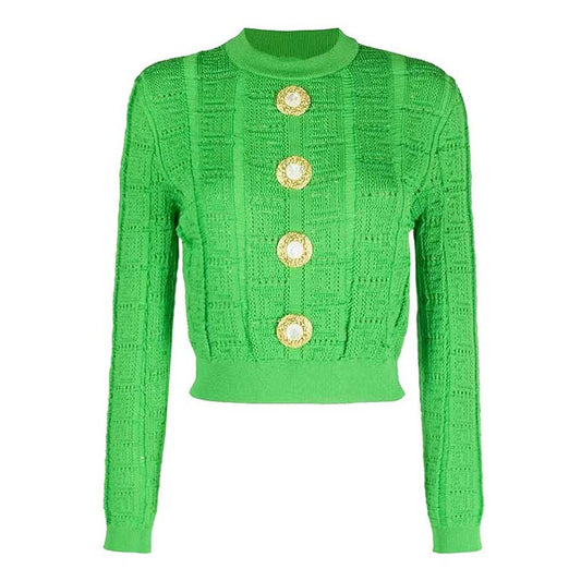 Button Detail Long Sleeves Knitted Crop Top