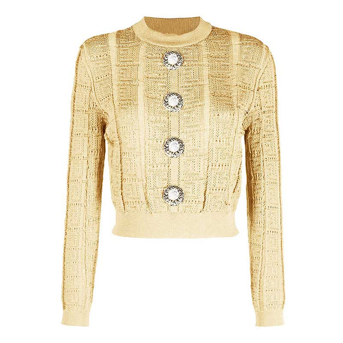 Button Detail Long Sleeves Knitted Crop Top
