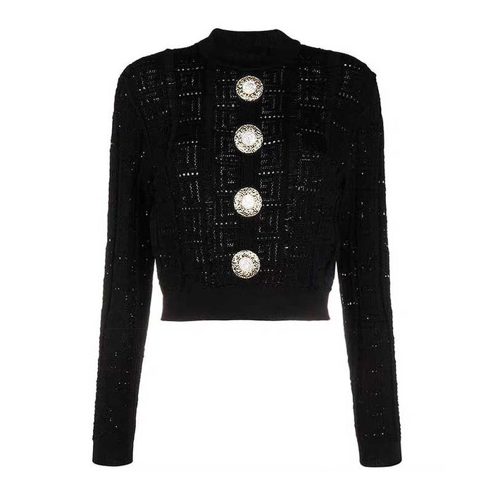 Button Detail Long Sleeves Knitted Crop Top