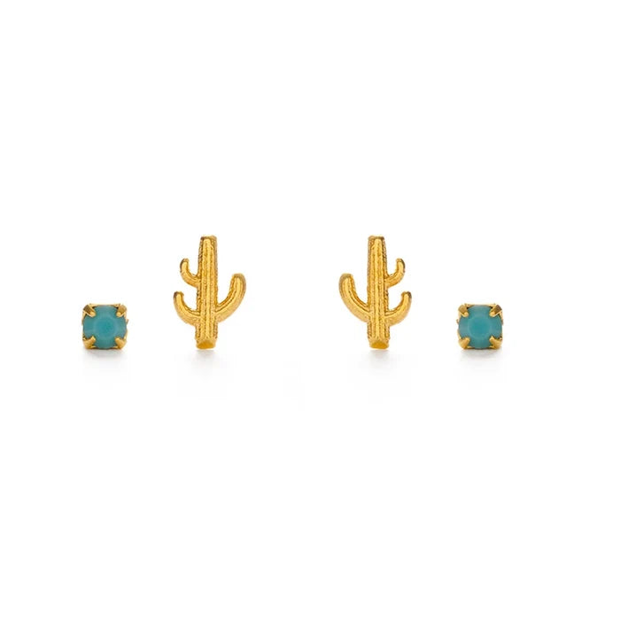 A set of two pairs of earrings including gold-colored cactus stud earrings with turquoise color Czech crystals.