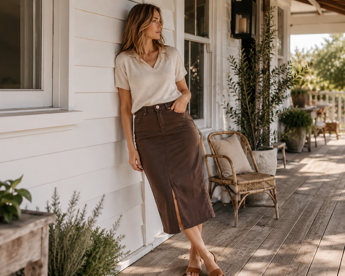 Cafe Latte Long Jean Skirt