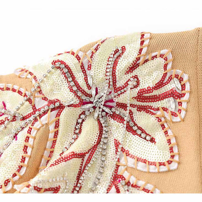 Camel Floral Sequin Beaded Coat Embroidered Button Up Detail Cardigan
