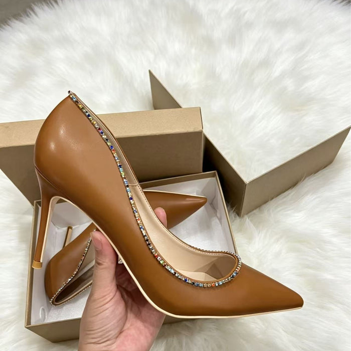 Camel Rhinestone Pointed Toe Pumps | Stiletto Heels