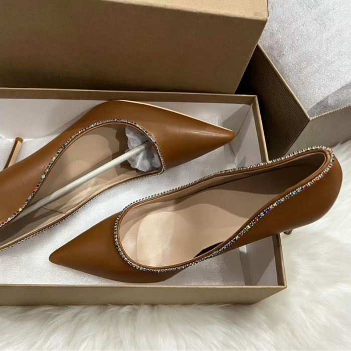 Camel Rhinestone Pointed Toe Pumps | Stiletto Heels