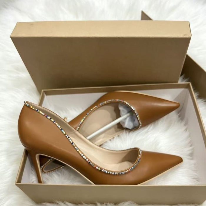 Camel Rhinestone Pointed Toe Pumps | Stiletto Heels