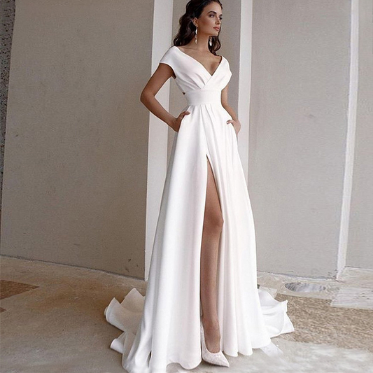 Cap Sleeve Wedding Dress with High Slit & V-Neck – Modern A-Line Bridal Gown for Beach or Church Ceremonies