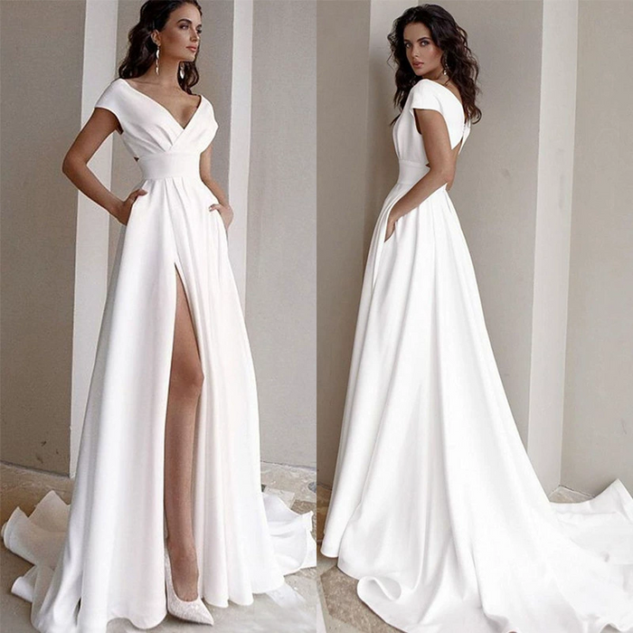 Cap Sleeve Wedding Dress with High Slit & V-Neck – Modern A-Line Bridal Gown for Beach or Church Ceremonies