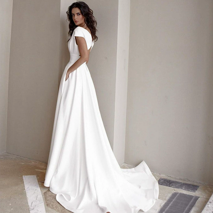 Cap Sleeve Wedding Dress with High Slit & V-Neck – Modern A-Line Bridal Gown for Beach or Church Ceremonies