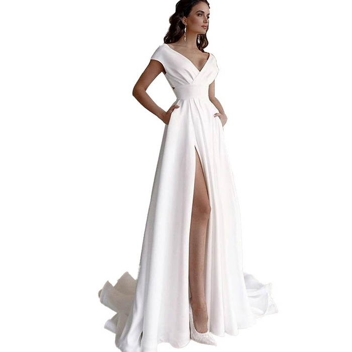 Cap Sleeve Wedding Dress with High Slit & V-Neck – Modern A-Line Bridal Gown for Beach or Church Ceremonies