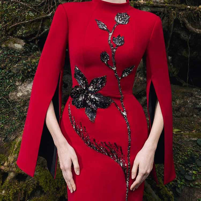 Cape Sleeve Red Sequin Beaded O-neck Long Sleeve Maxi Dress