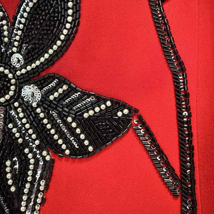 Cape Sleeve Red Sequin Beaded O-neck Long Sleeve Maxi Dress