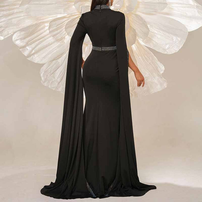 Cape Sleeves Black Evening Dress Long Prom Dress Event Dress