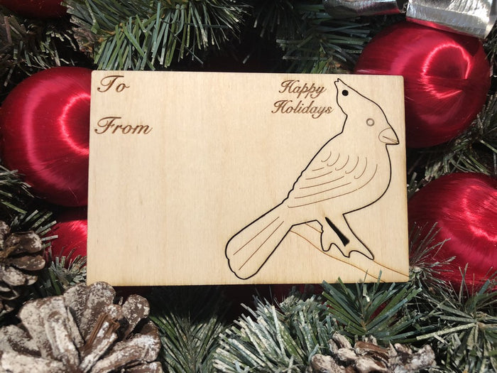 Cardinal holiday card — Christmas card with pop-out wood cardinal ornament, made in USA
