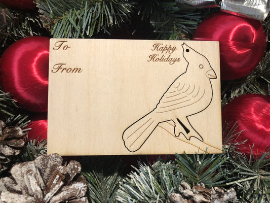 Cardinal holiday card — Christmas card with pop-out wood cardinal ornament, made in USA