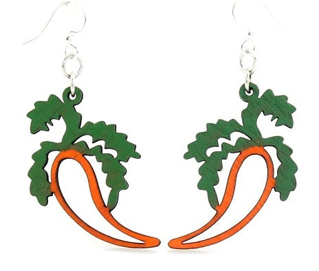 Carrot earrings with leafy green tops, eco-friendly laser-cut jewelry made in USA