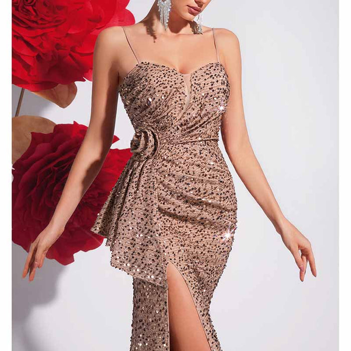 Champagne Spaghetti Strap Sequin Mermaid Prom Dress