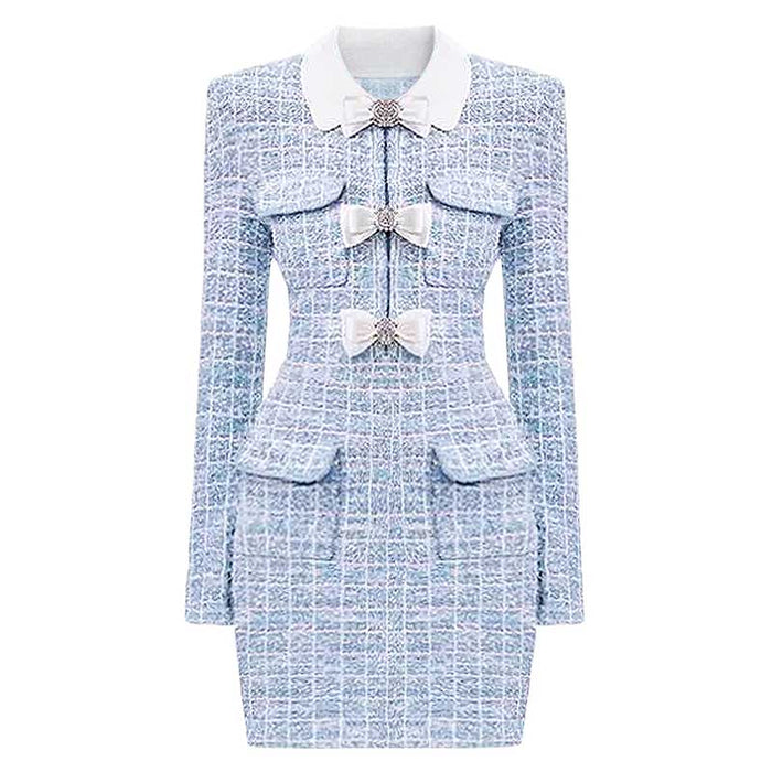 Check Knit Mini Dress Long Sleeve Slim Fit Short Dress