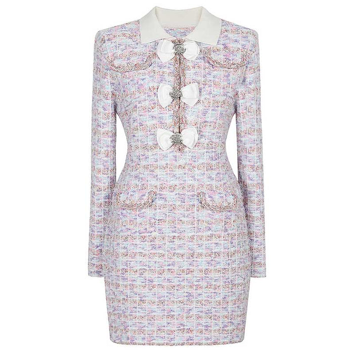 Check Knit Mini Dress Long Sleeve Slim Fit Short Dress