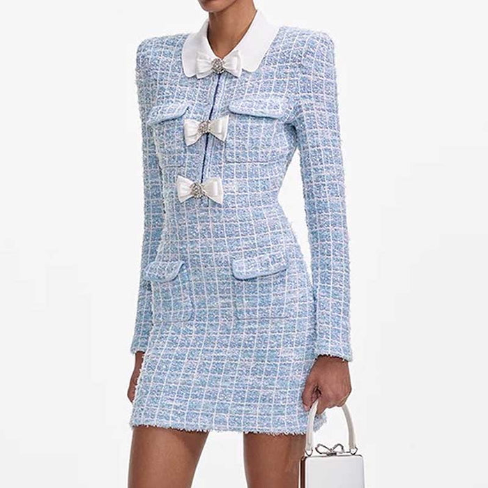Check Knit Mini Dress Long Sleeve Slim Fit Short Dress