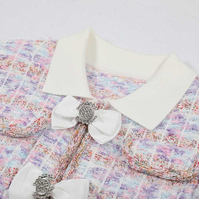 Check Knit Mini Dress Long Sleeve Slim Fit Short Dress