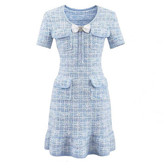 Check Knitted Mini Dress Short Sleeves