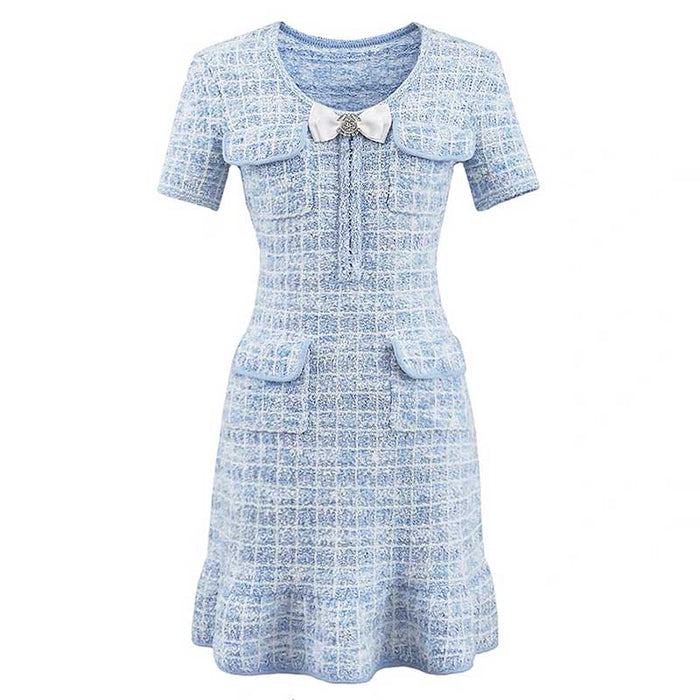 Check Knitted Mini Dress Short Sleeves