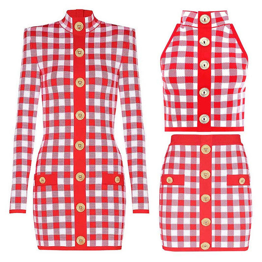 Checked Suit Chic Knit Crop Top+Short Skirt+Cardigan Coat Mini Dress Set