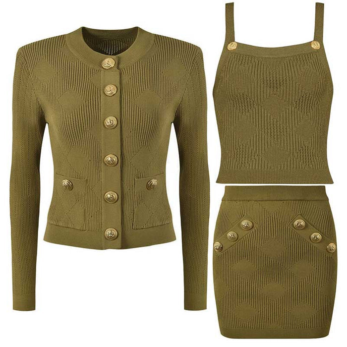 Chic Knit Vest Skirt Suit With Cardigan 3 Pieces Set
