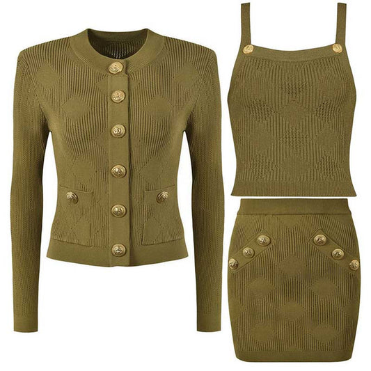 Chic Knit Vest Skirt Suit With Cardigan 3 Pieces Set
