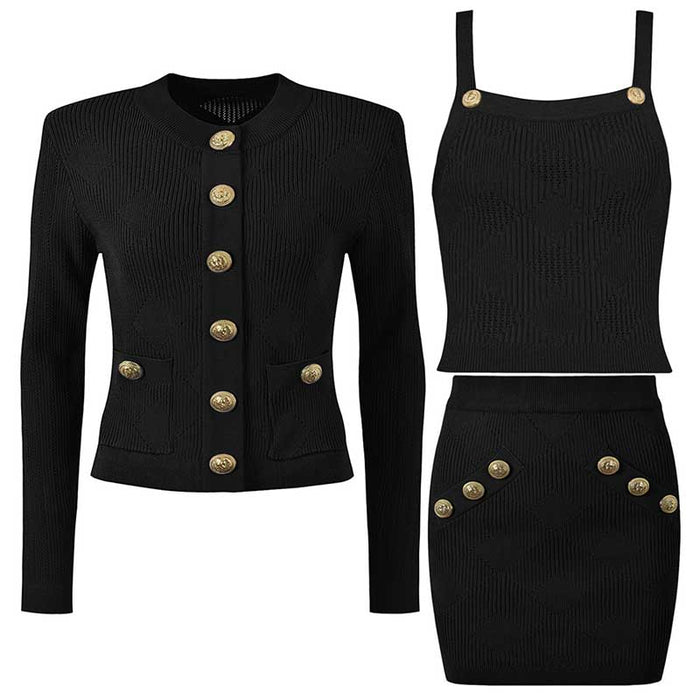 Chic Knit Vest Skirt Suit With Cardigan 3 Pieces Set