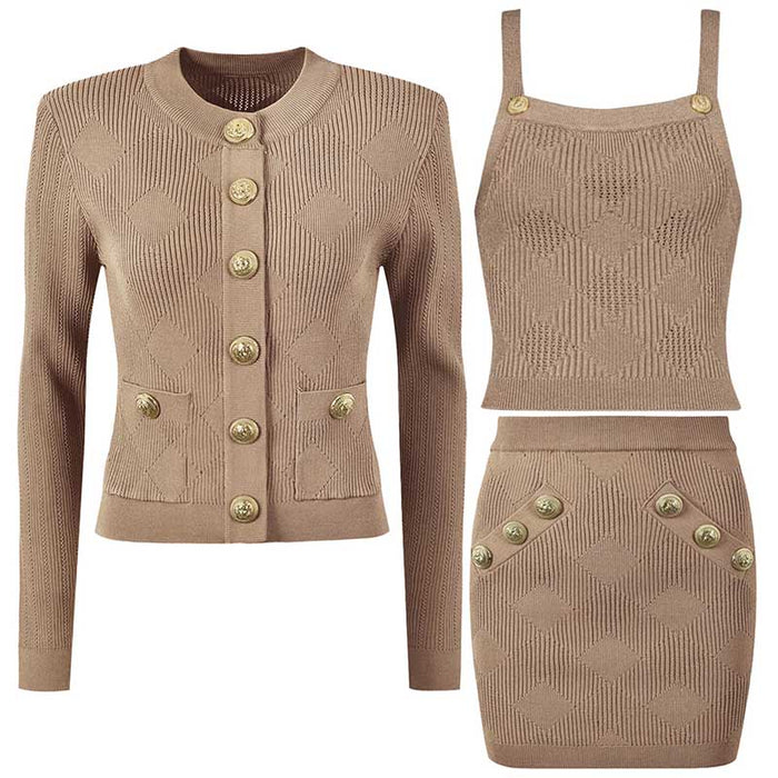 Chic Knit Vest Skirt Suit With Cardigan 3 Pieces Set