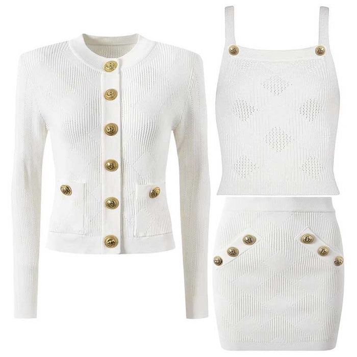 Chic Knit Vest Skirt Suit With Cardigan 3 Pieces Set